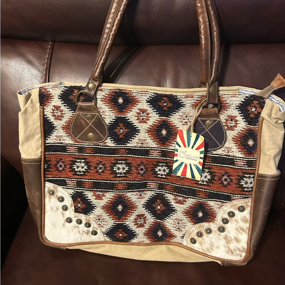 Brown and Tan Geometric Pattern Tote with Leather Handles